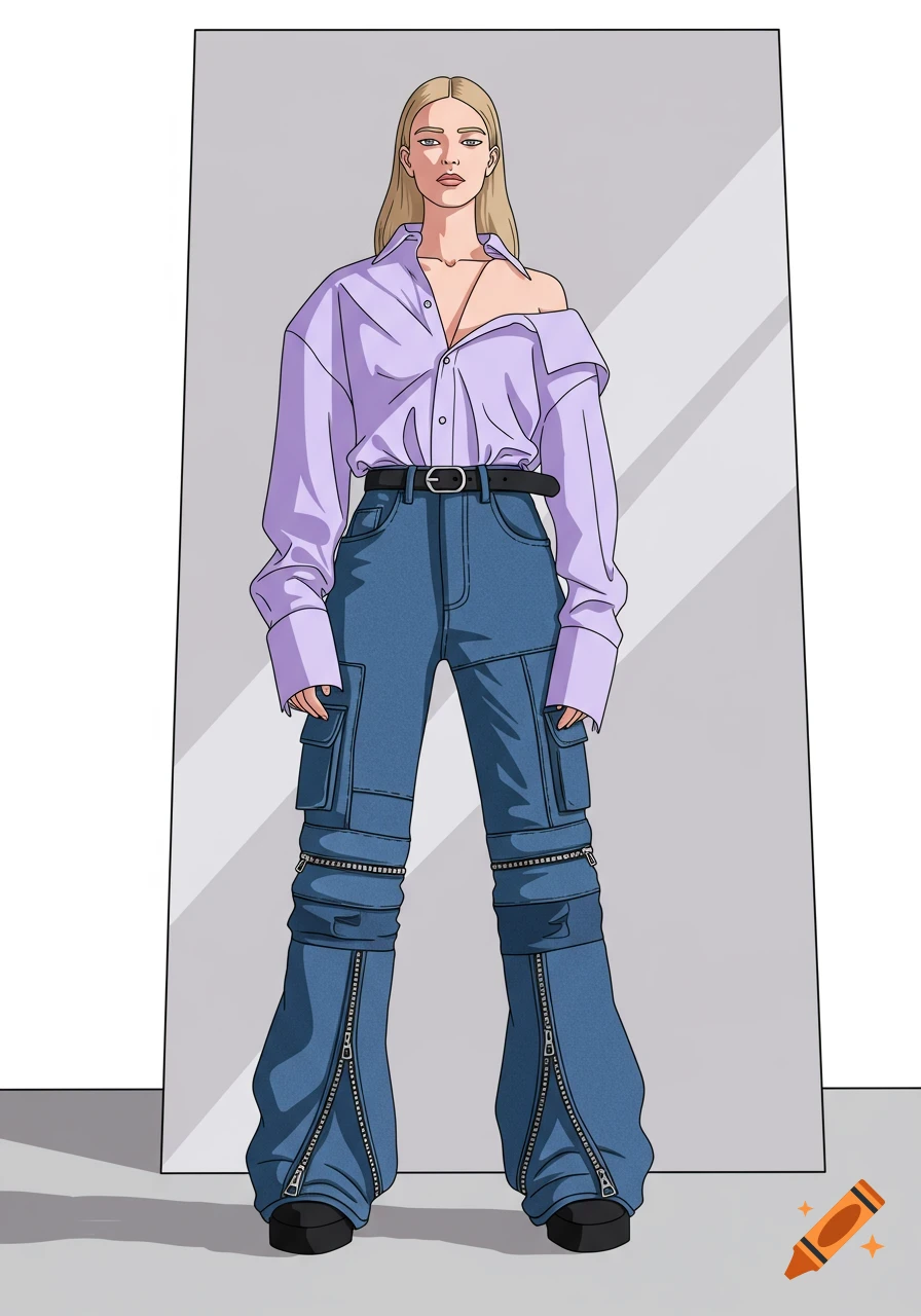 An illustration of a woman wearing an oversized purple shirt, baggy blue cargo jeans with zippers, and a black belt, standing in front of a gray background.