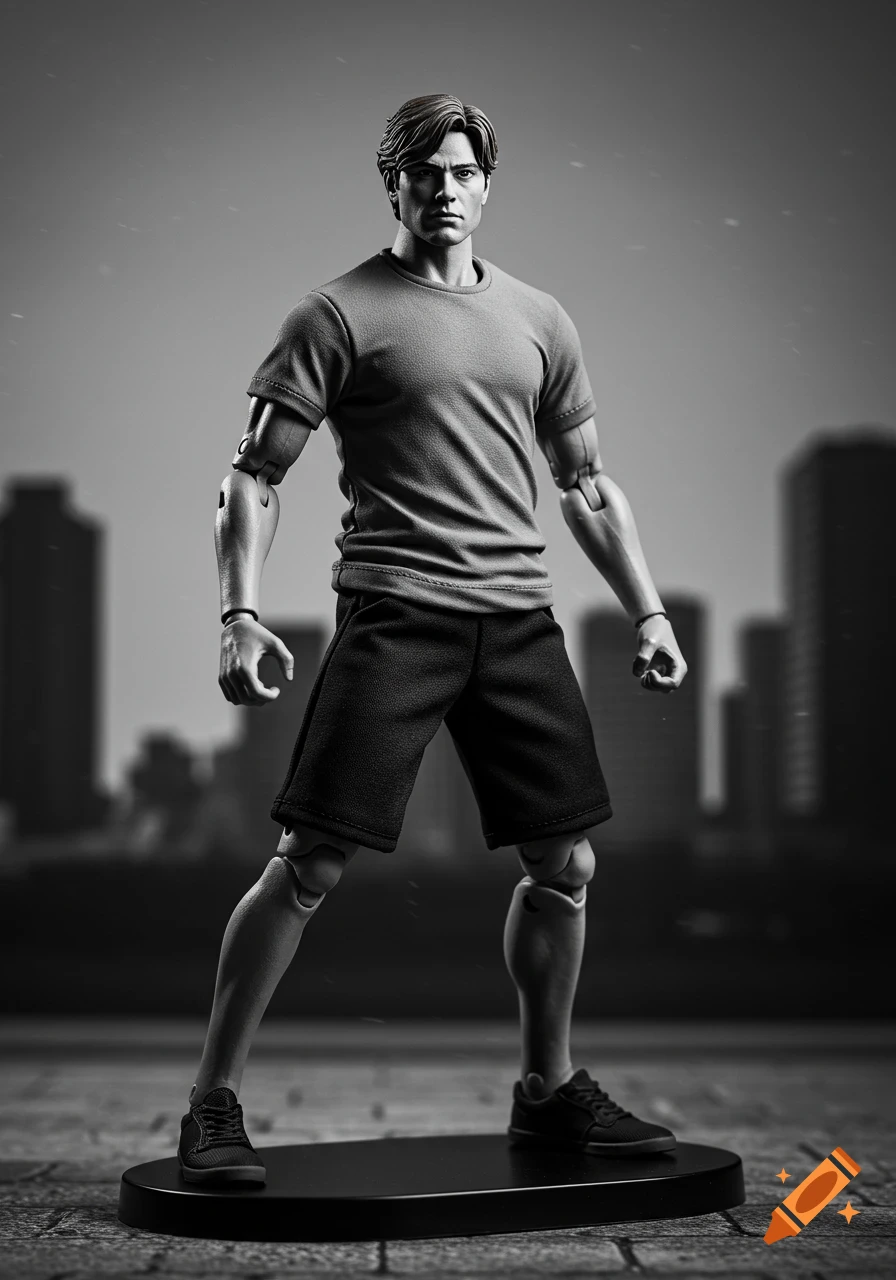 A black and white action figure of a man in a t-shirt and shorts, standing on a base with a blurred city background.