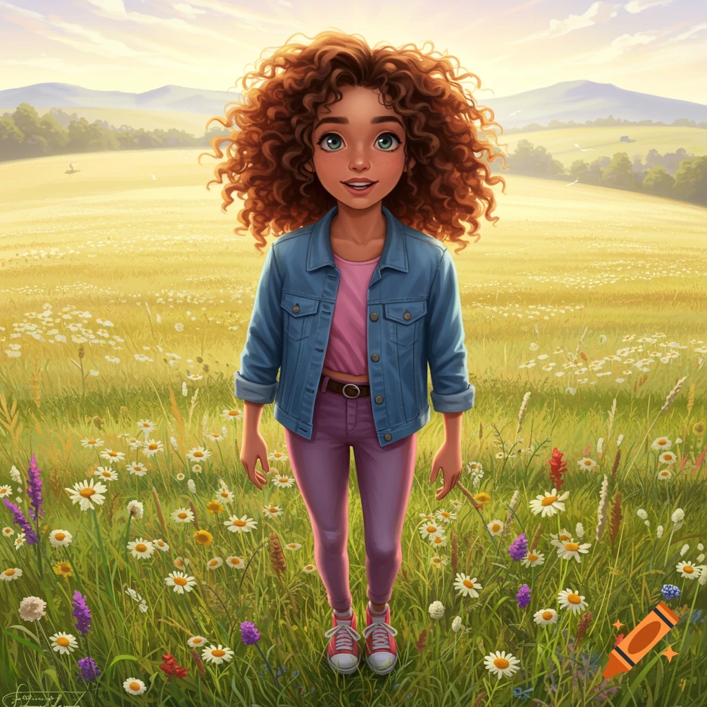 Stylized illustration of a smiling teen girl with curly red hair standing in a sunny field of wildflowers with mountains in the background.