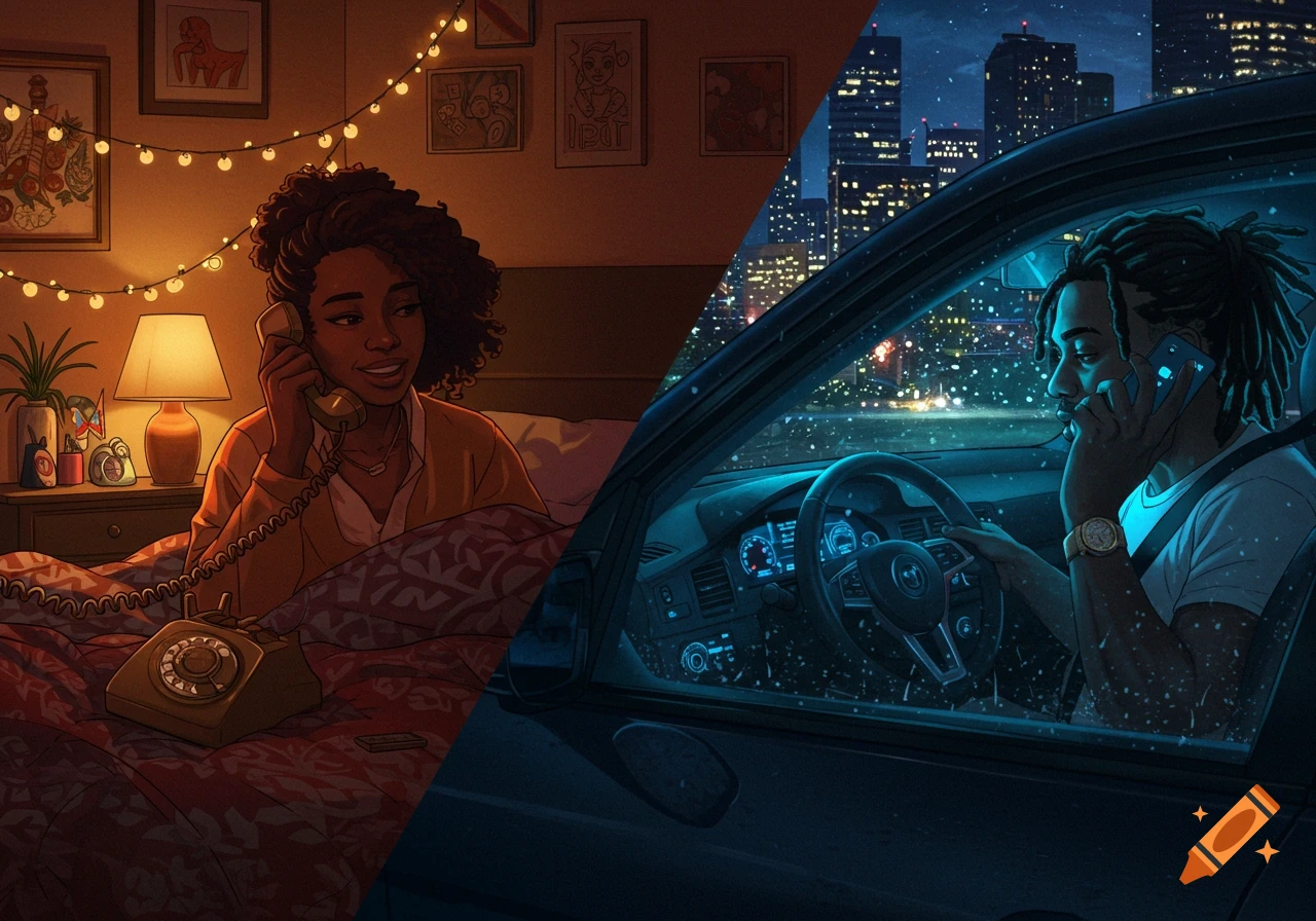 Split image: left a smiling Black woman in bed on a rotary phone, right a Black man with dreadlocks driving at night on a smartphone. Urban anime style.