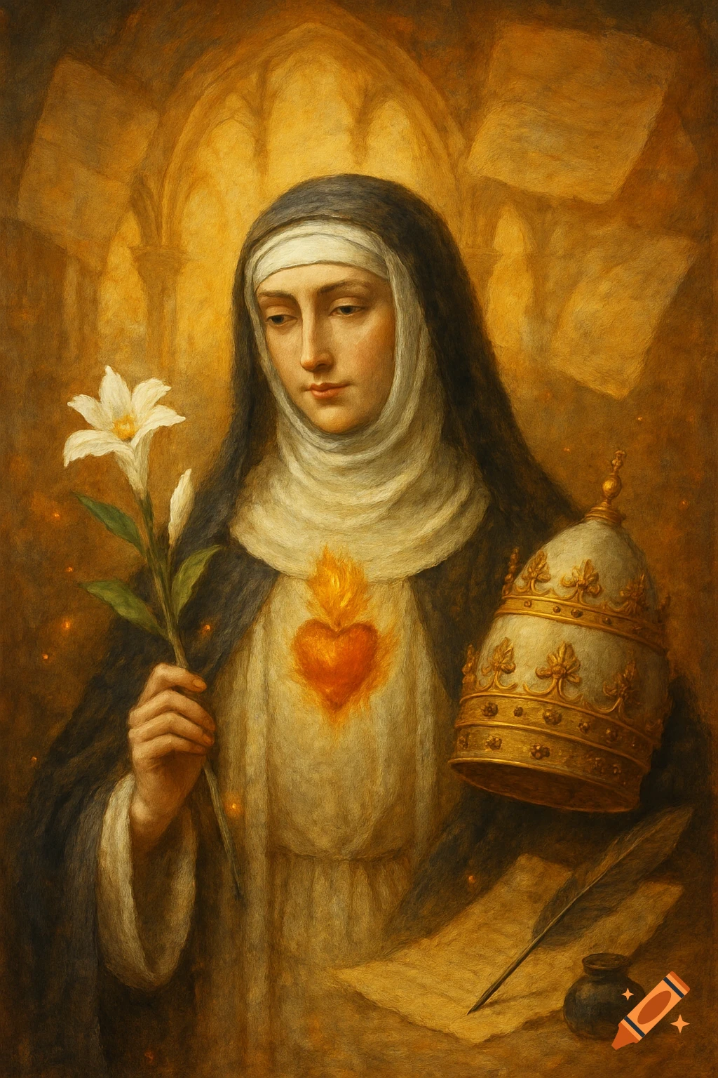 A painted portrait of a solemn woman in a nun's habit holding a lily, with a flaming heart on her chest, a papal tiara, and parchment.