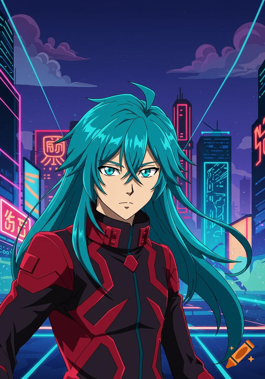 An anime character with teal hair and a red and black jacket stands in a neon-lit cyberpunk city at night.