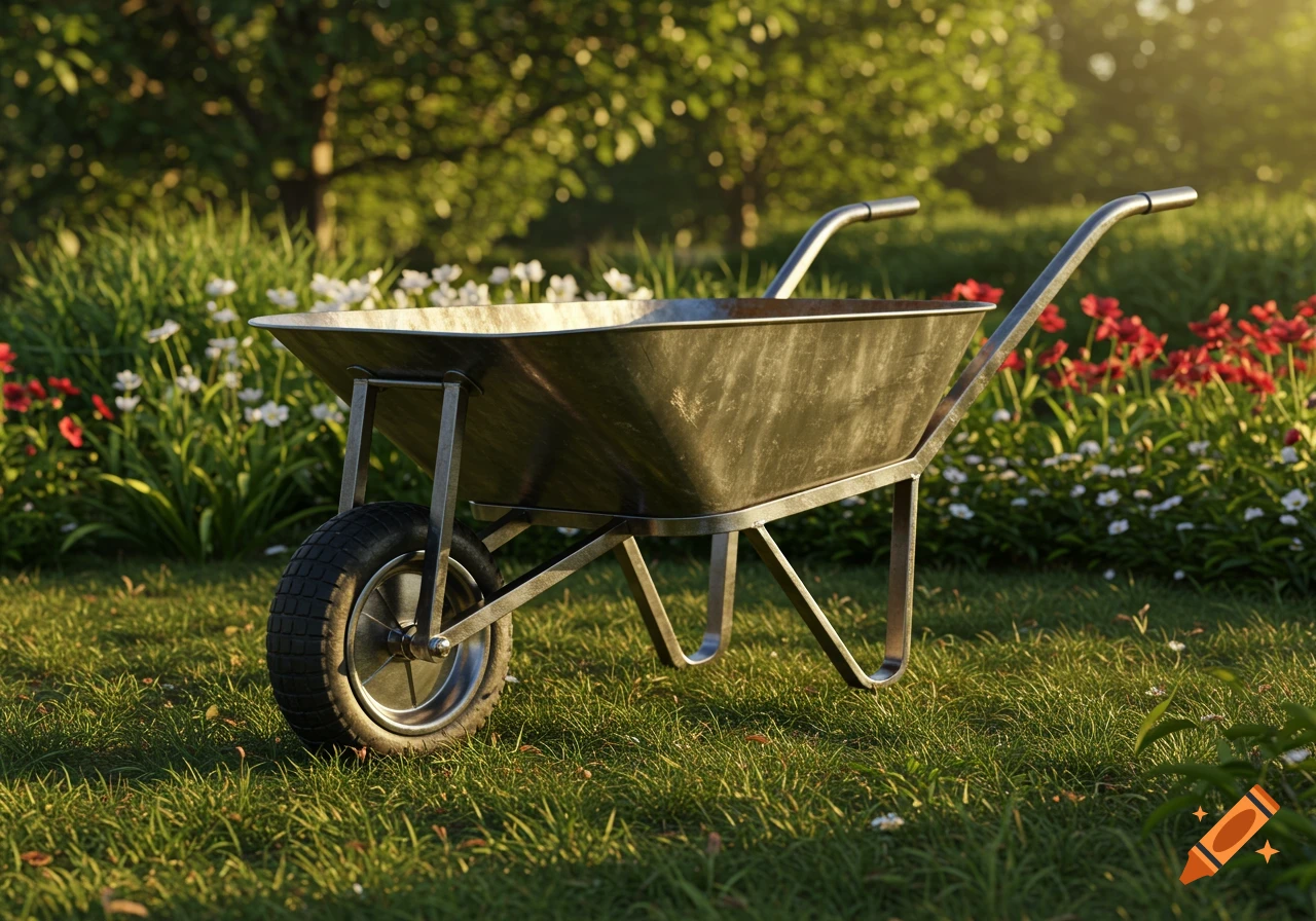 A sturdy metal wheelbarrow sitting on green grass in a sunlit garden with flowers and trees in the background.