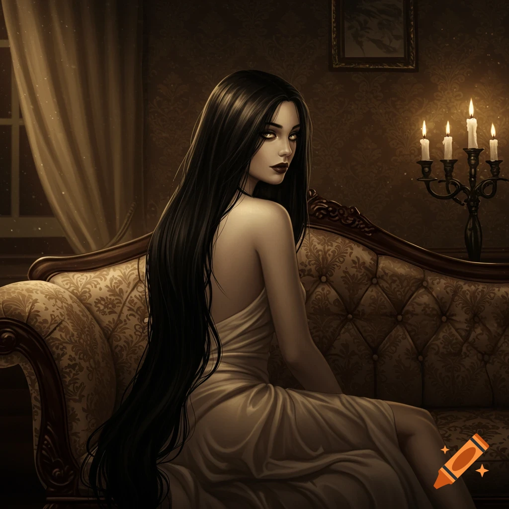 A woman with very long black hair sits on an ornate couch in a dark room with a candelabra, looking over her shoulder.
