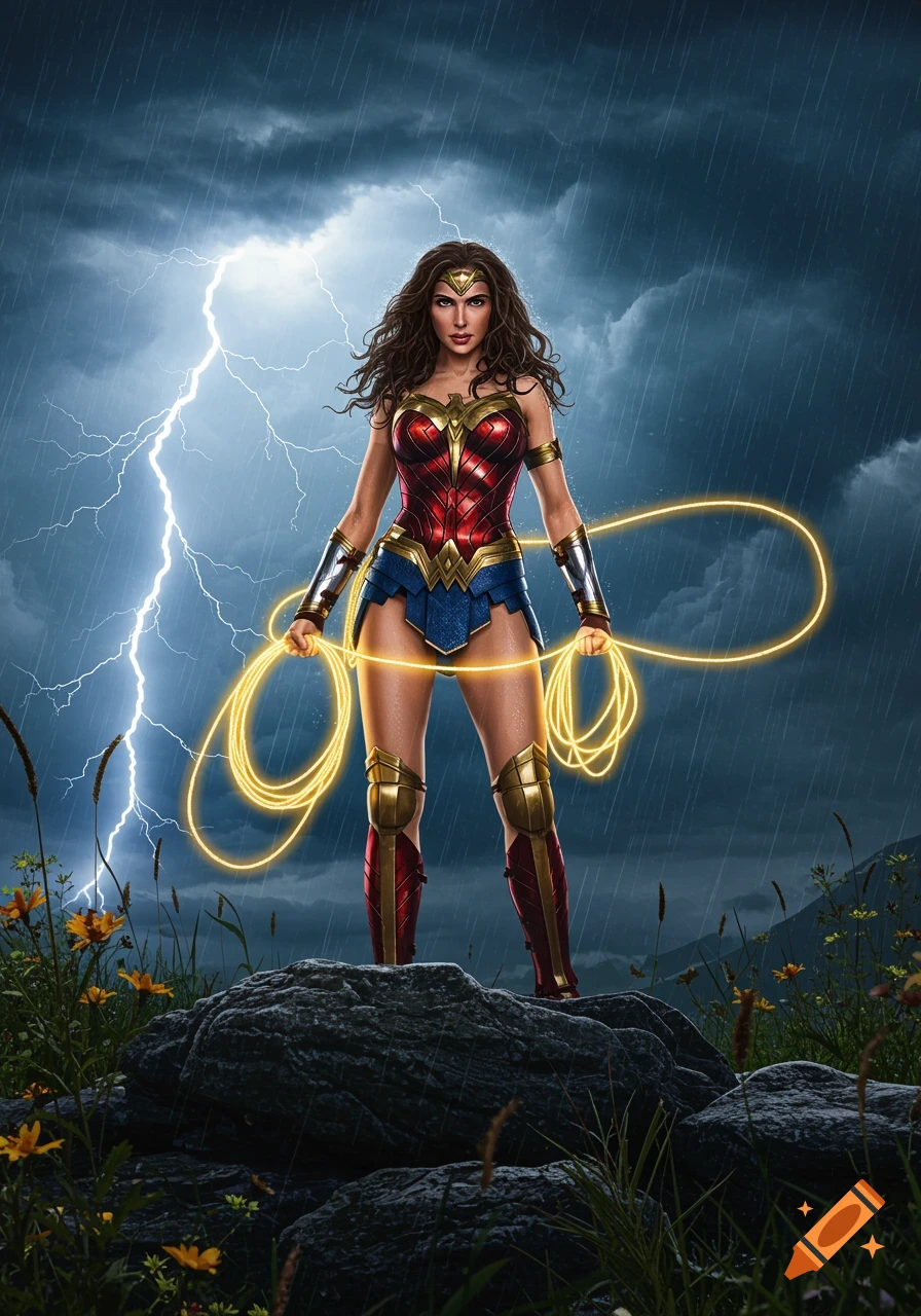 Wonder Woman stands on a rock in the rain, holding her glowing Lasso of Truth, as lightning strikes behind her.