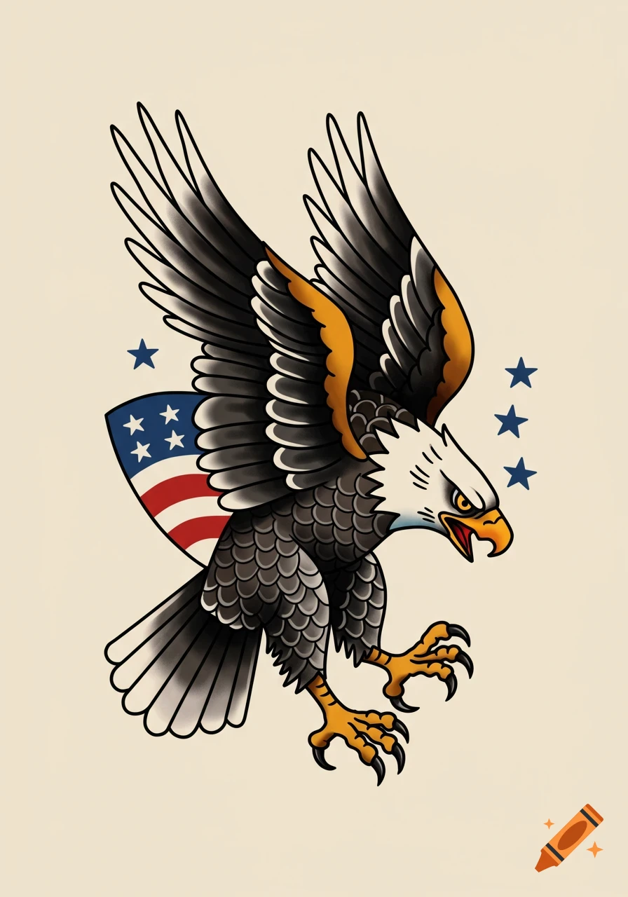 An American traditional tattoo style illustration of a bald eagle with outstretched wings, a shield with the US flag, and stars.