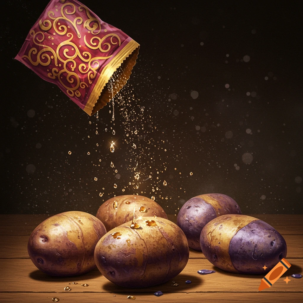 A decorative red and gold package sprinkles golden liquid onto several potatoes on a wooden surface.