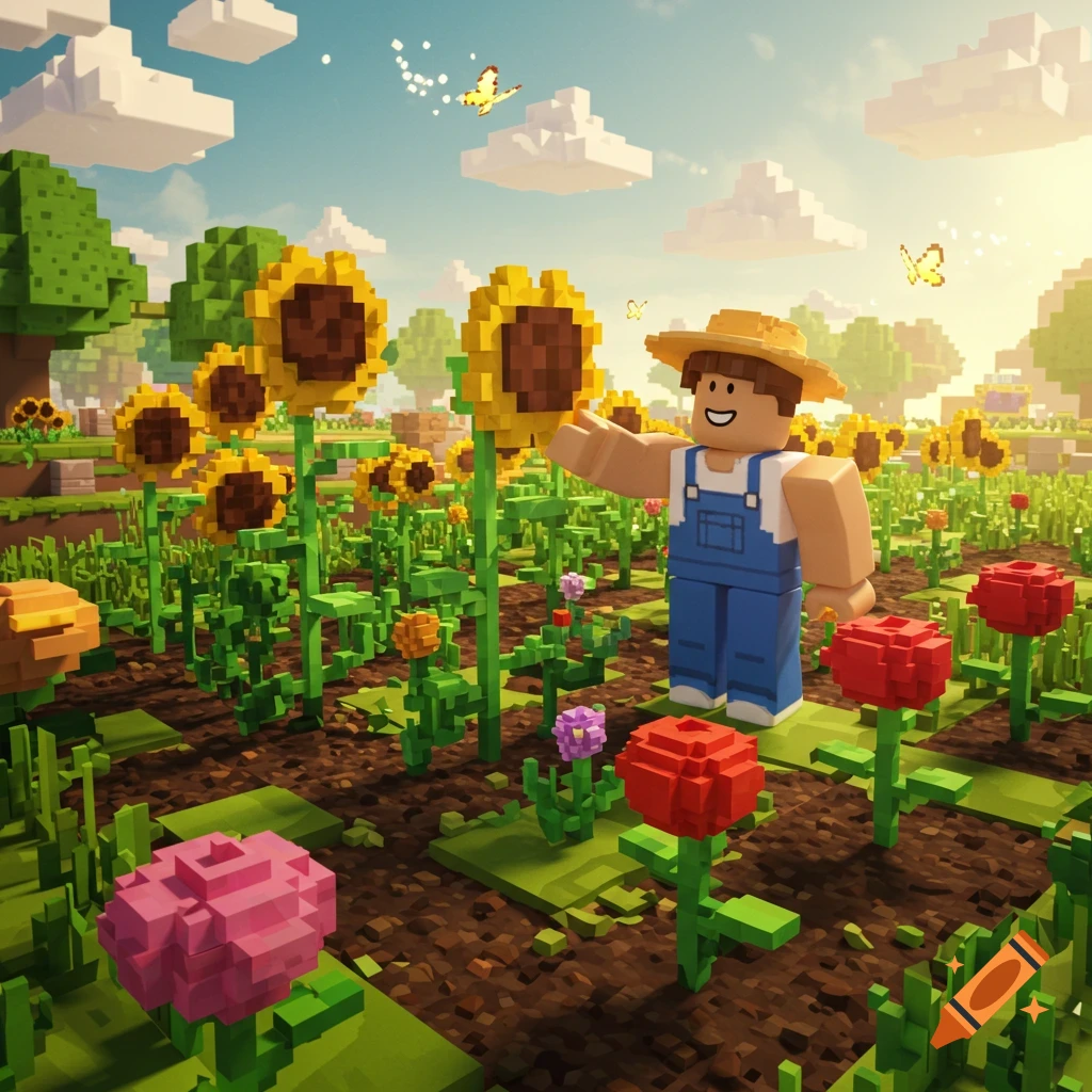 A blocky farmer character in a sunny, vibrant garden filled with sunflowers and other colorful flowers, with butterflies fluttering around, in a video game art style.