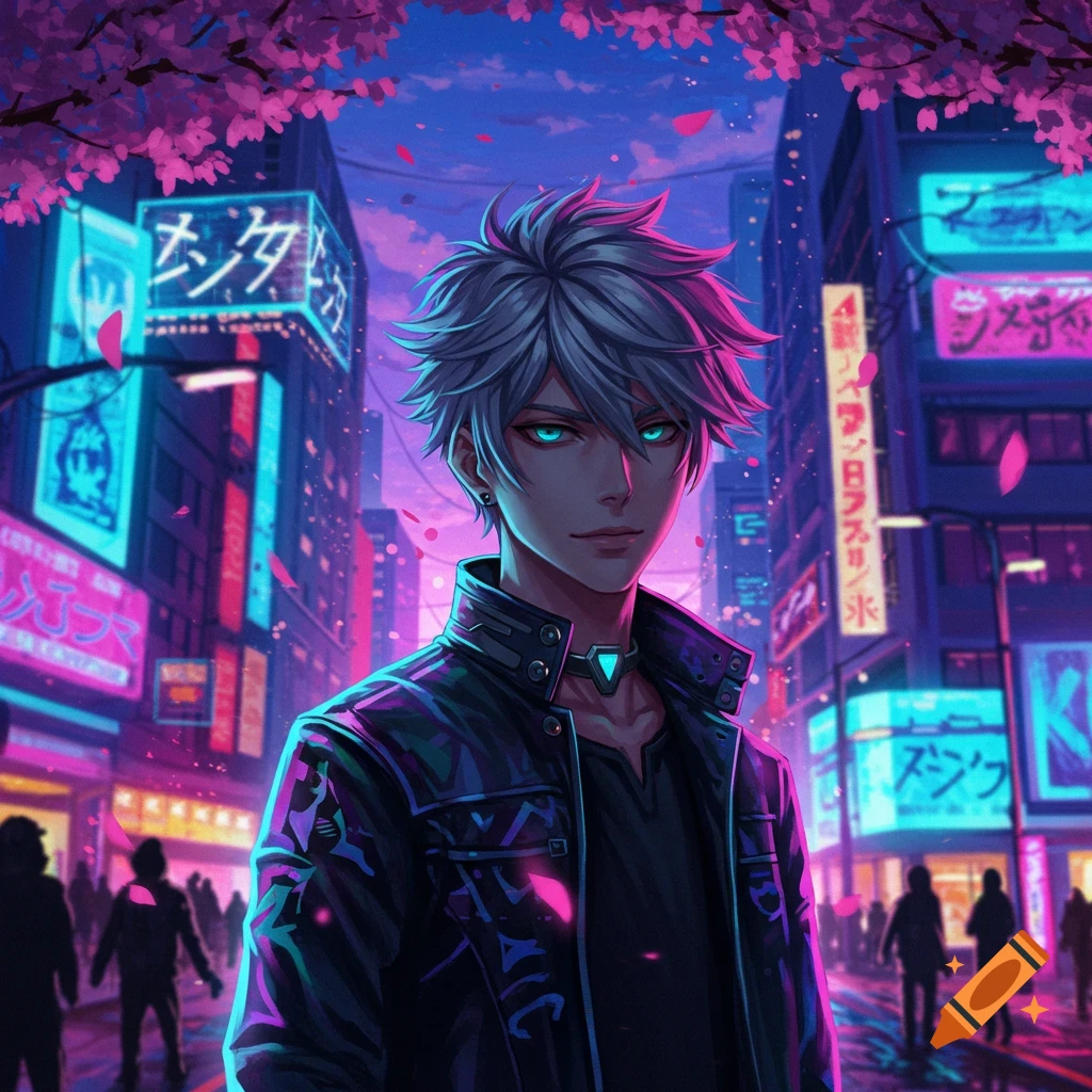 An anime male with glowing blue eyes and spiky white hair stands in a neon-lit futuristic city street at dusk.