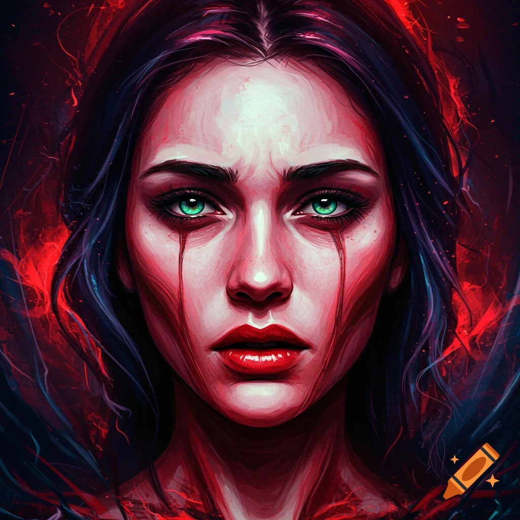 Close-up of a woman with red liquid streaming from her eyes, green eyes, red lips, and dark hair against a red and black abstract background.