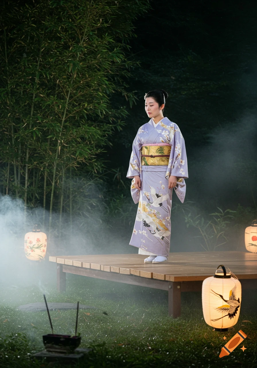 A woman in a purple kimono stands on a wooden platform in a misty Japanese garden at night, with glowing lanterns.