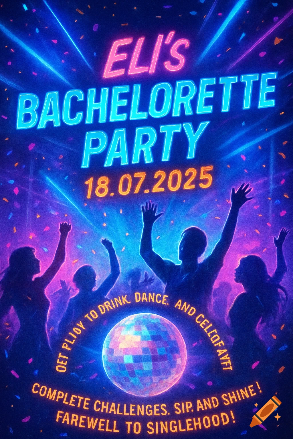 Neon-style party invitation with pink and blue text, silhouettes of dancing people, confetti, and a disco ball.