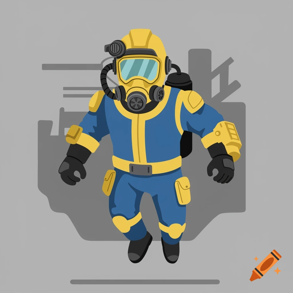 A cartoon character in a blue and yellow hazmat suit, resembling a Fallout Vault Boy, floats against a grey background.