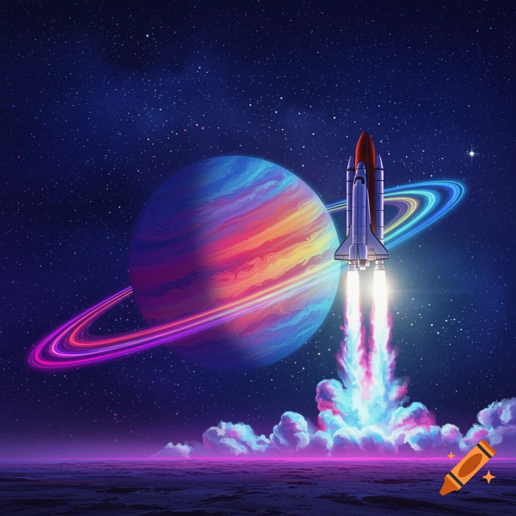 A vibrant, colorful planet with rings in a starry space with a rocket launching, emitting bright exhaust.