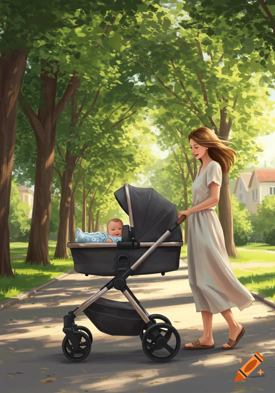 A mother pushes a baby in a stroller on a sunny path lined with trees.