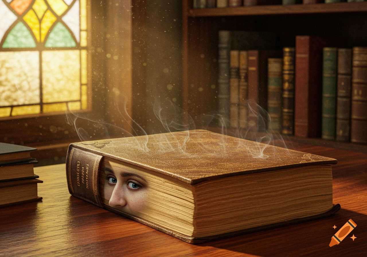 A mystical brown book with a person's eyes and nose peeking from its pages, on a wooden table in a sunlit library.