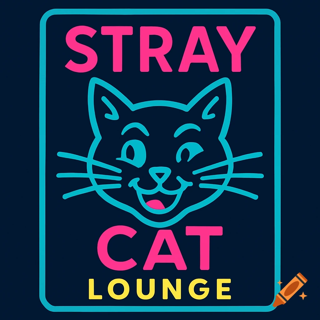 A neon sign logo featuring a cartoon cat face and the text 'Stray Cat Lounge' in pink, blue, and yellow on a dark background.