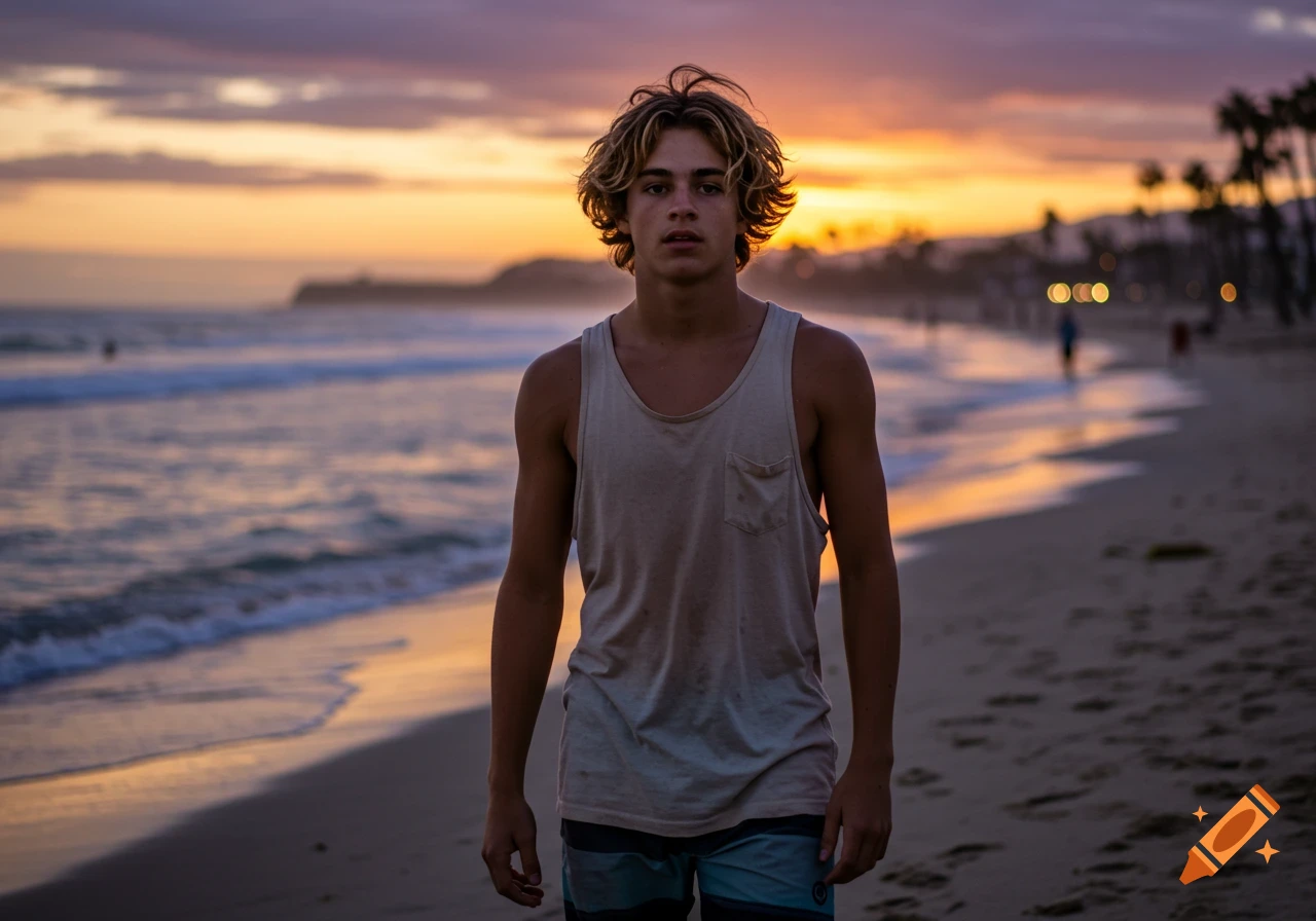 A young man with wavy blonde hair stands on a beach at sunset, looking directly at the camera.