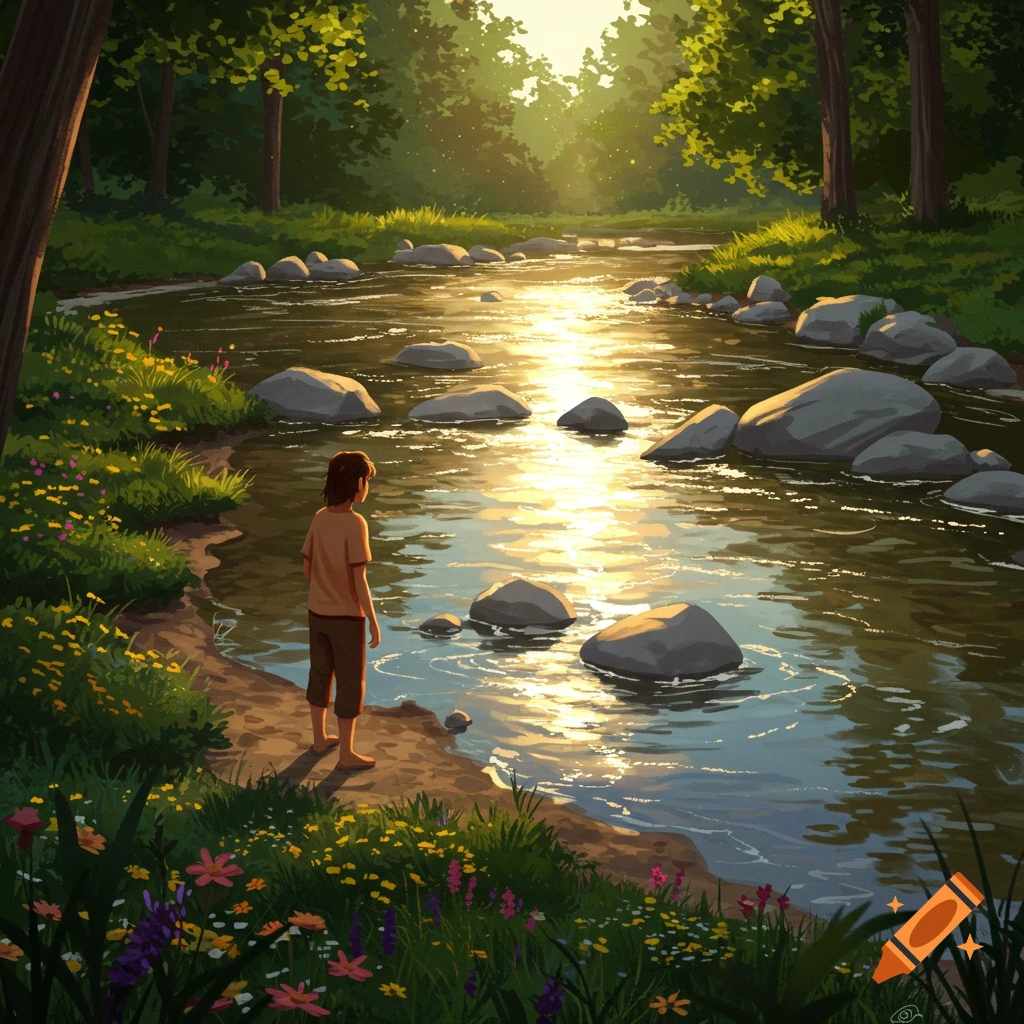 An illustration of a child standing on the bank of a sunlit river, surrounded by a green forest and wildflowers.