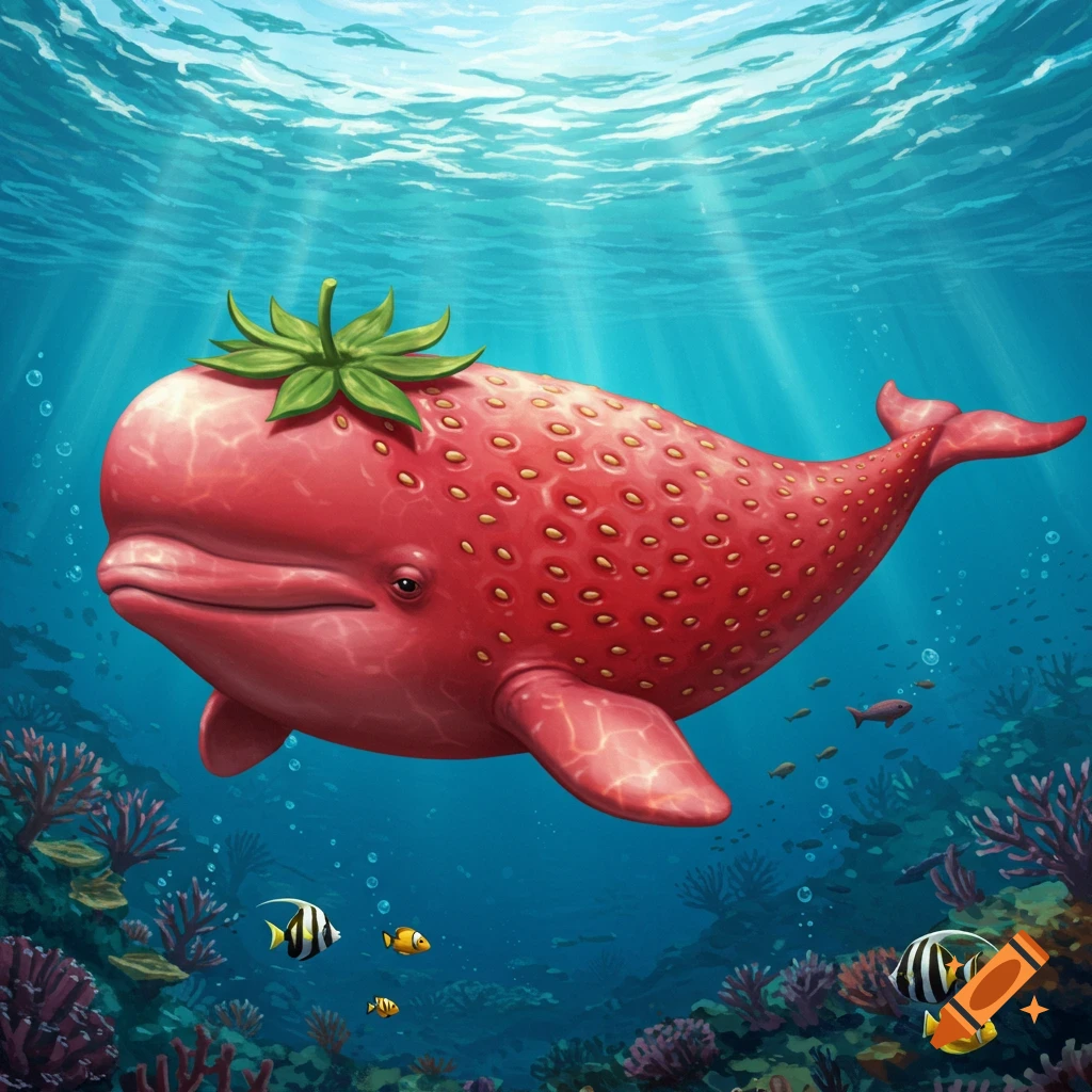 An illustration of a red whale with strawberry skin and a green leaf on its head swimming underwater among coral and fish.