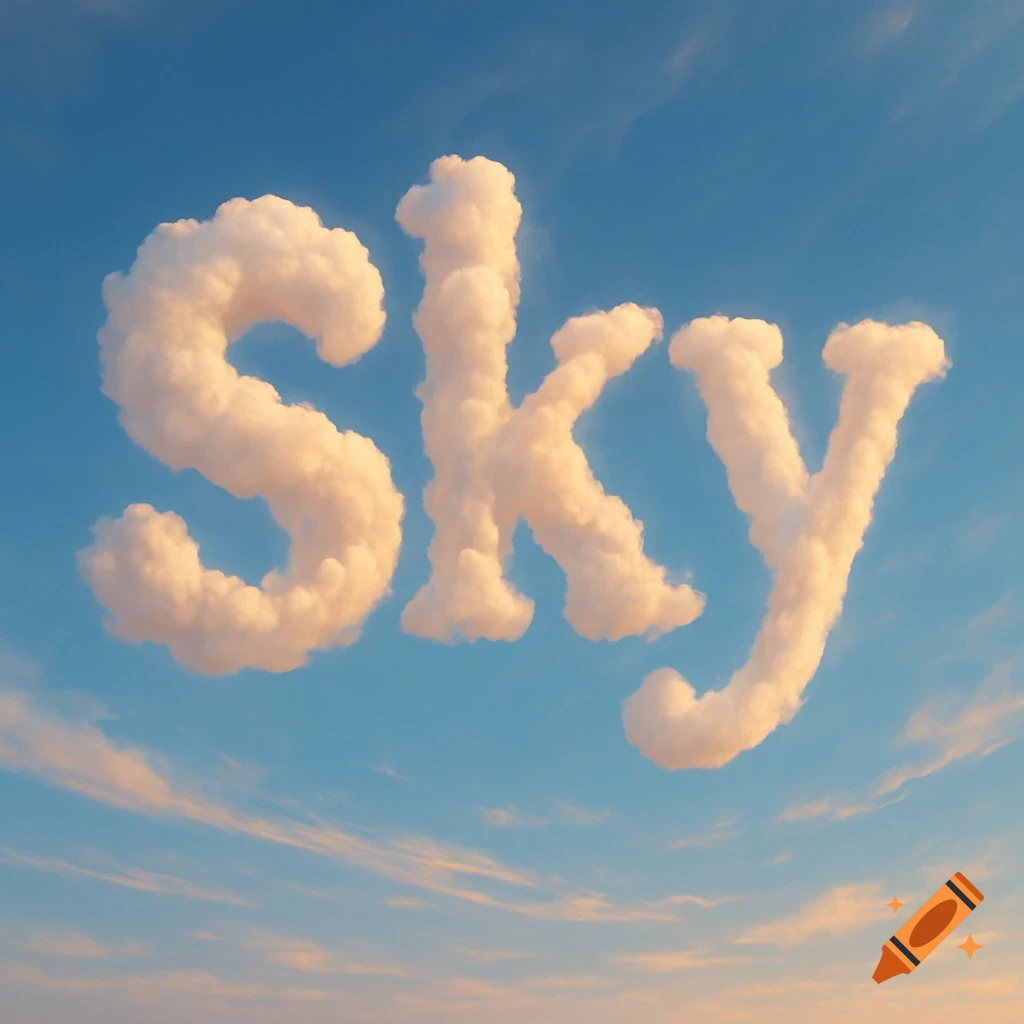The word "Sky" formed by white clouds against a bright blue sky.