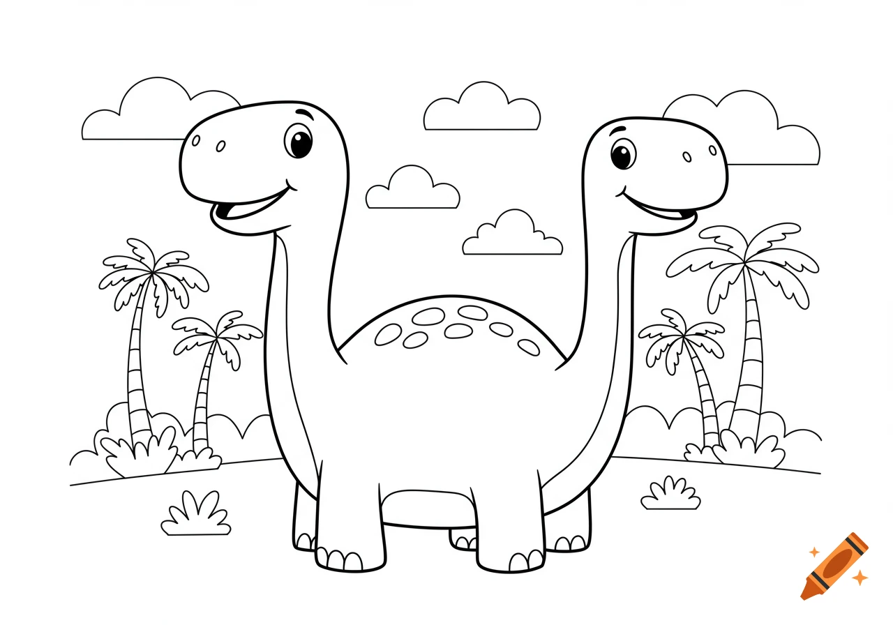 Black and white line art of a two-headed cartoon dinosaur for a children's coloring page, with palm trees and clouds.