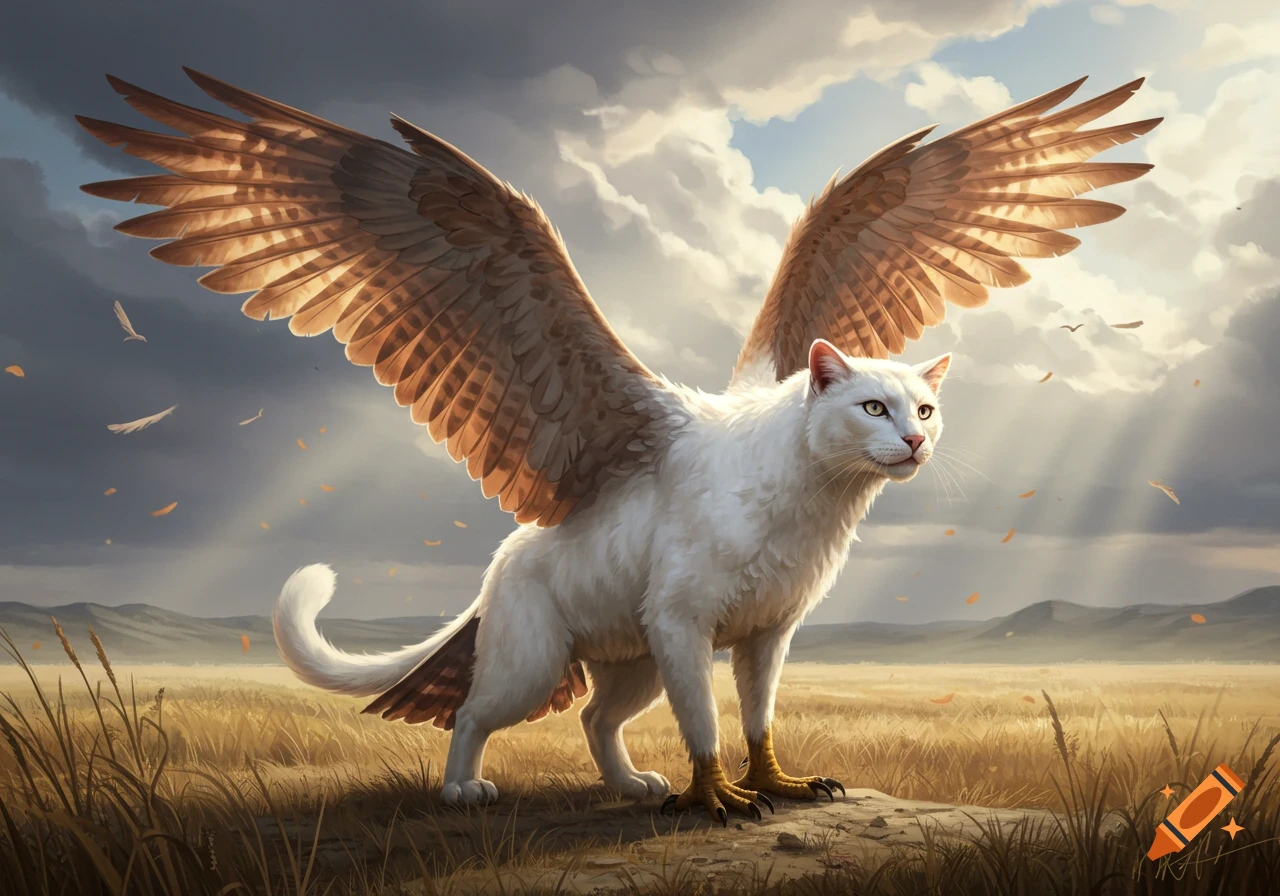 A majestic white cat with large feathered wings and bird feet stands on a rock in a golden field under a cloudy sky with sun rays.