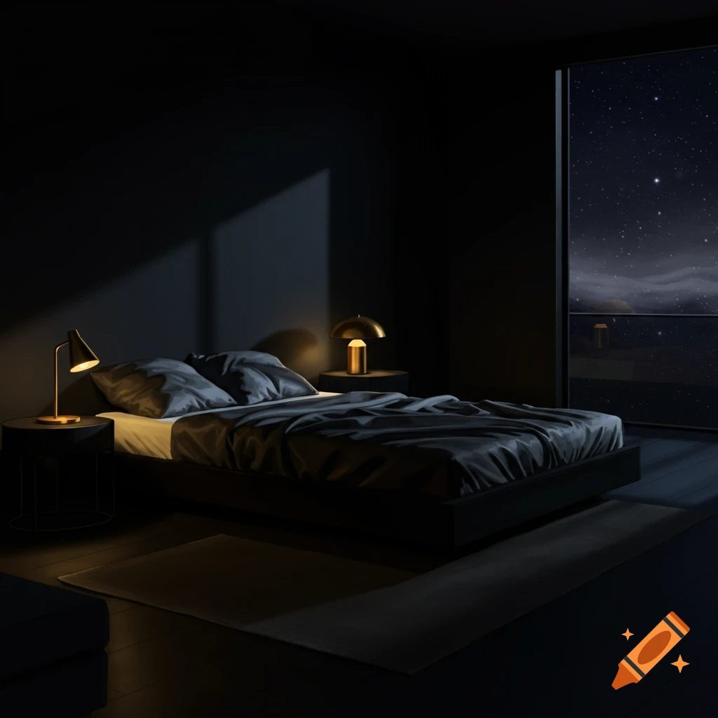 A dark, modern bedroom with a large window revealing a starry night sky and a distant city skyline. Two lamps illuminate the bed.
