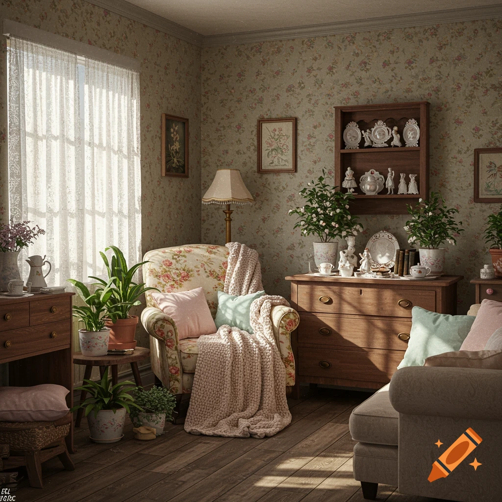 A cozy cottagecore room with floral wallpaper, a floral armchair, wooden furniture, plants, and soft sunlight streaming through a lace curtain.