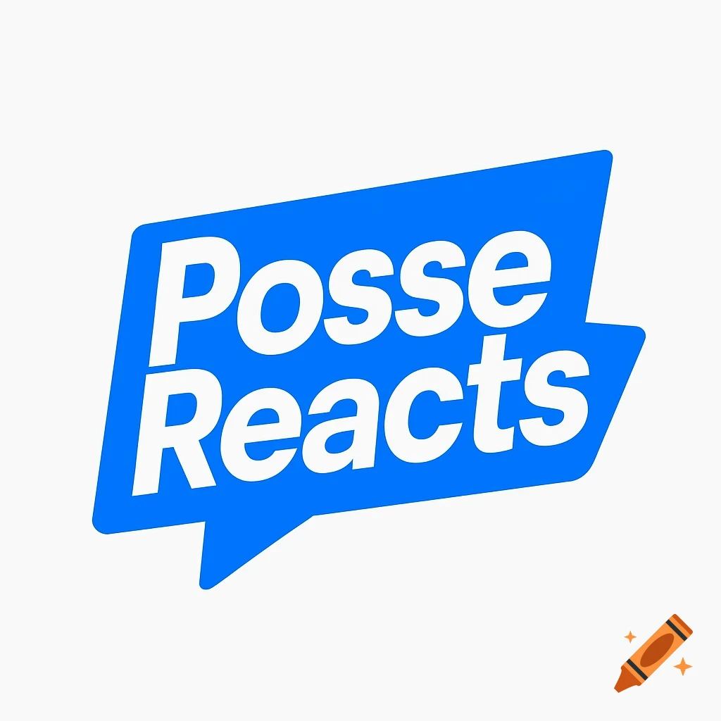 A modern logo featuring the white text 'Posse Reacts' on a blue speech bubble shape against a white background.