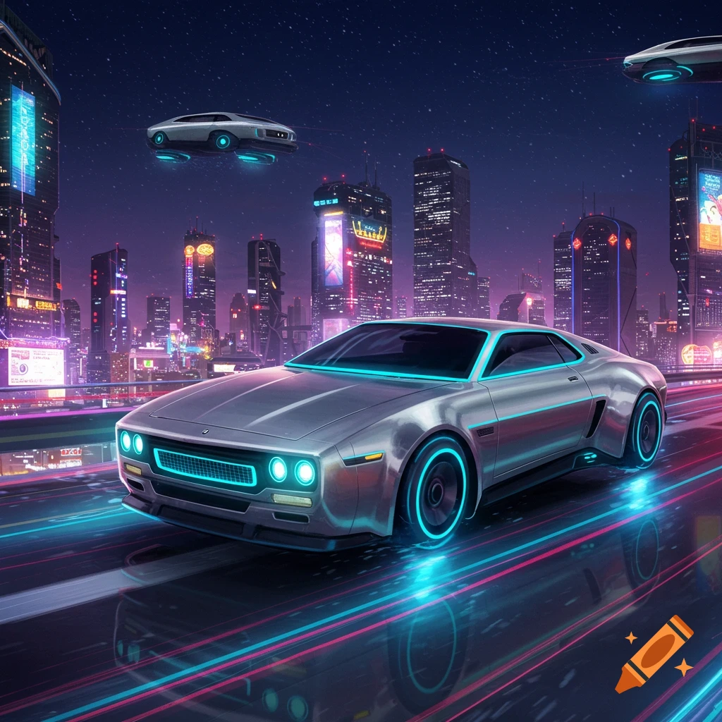 A silver futuristic car with neon blue lights drives on a reflective road in a cyberpunk city at night with flying vehicles.