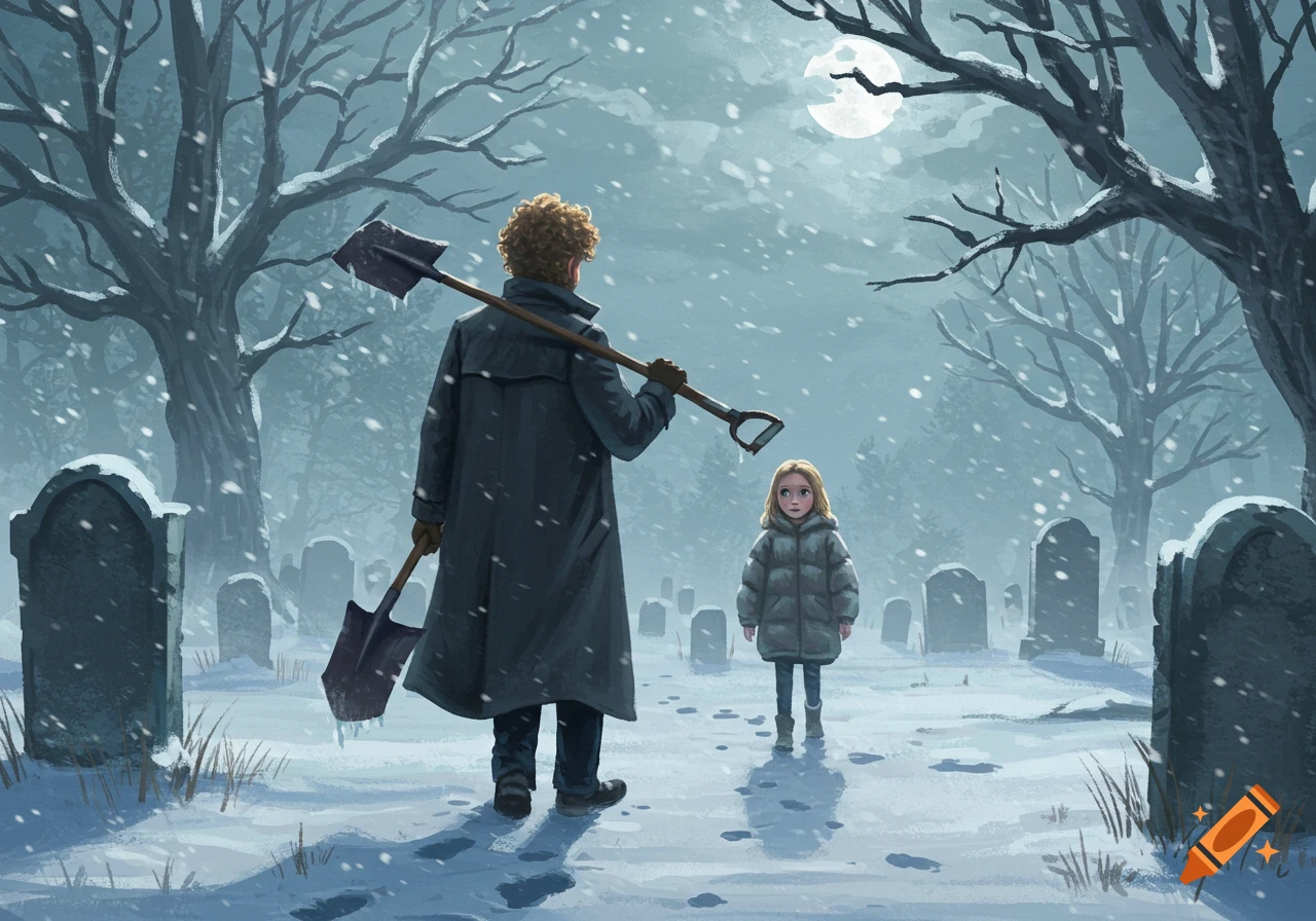 A man with curly hair and a trench coat carries two shovels, walking through a snowy graveyard towards a small girl in a puffy jacket under a full moon. Illustration style.