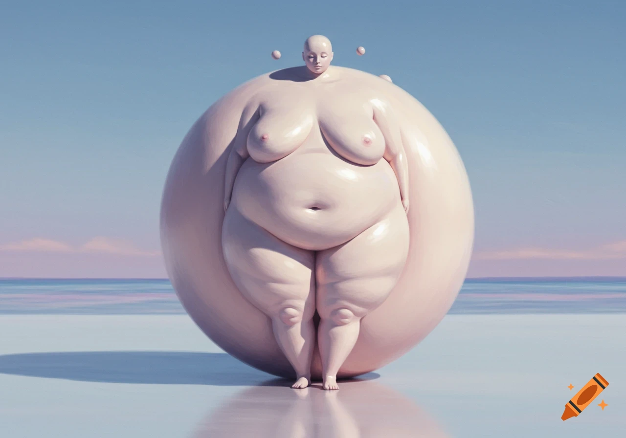 A highly stylized, very obese spherical woman with visible nipples stands on a reflective surface by a calm ocean under a clear sky, painted in soft, pale tones.