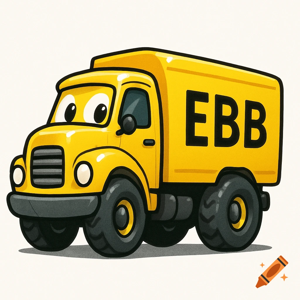 A friendly cartoon yellow lorry with big eyes and black 'EBB' lettering on its side, against a plain white background.
