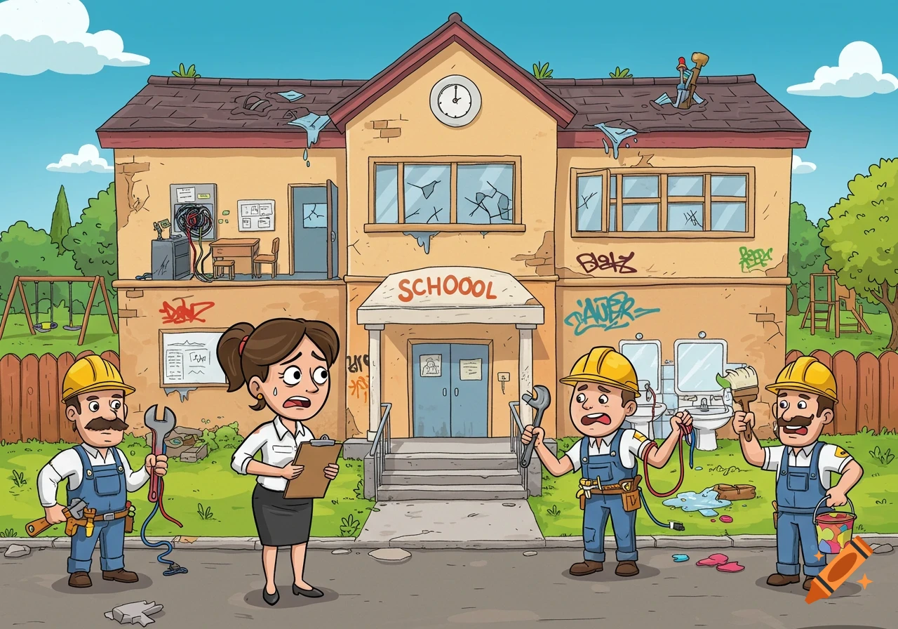 A worried principal stands with a clipboard in front of a dilapidated school building, while three workers, a plumber, an electrician, and a painter, look stressed with their tools.