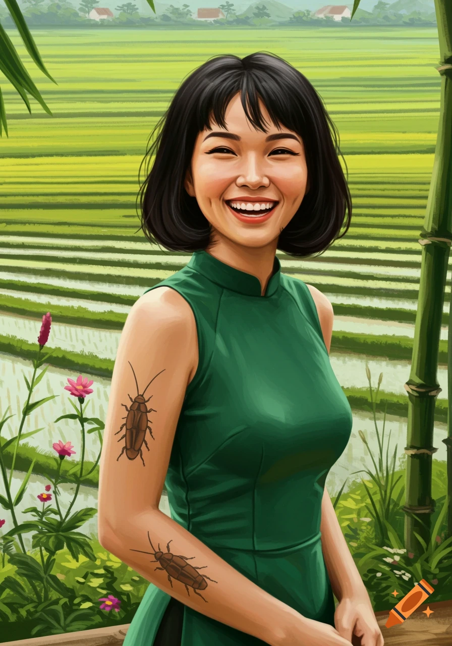 A smiling Vietnamese woman with short dark hair in a green sleeveless dress. She has cockroach tattoos on her arm. The background is a green rice field with houses and bamboo.