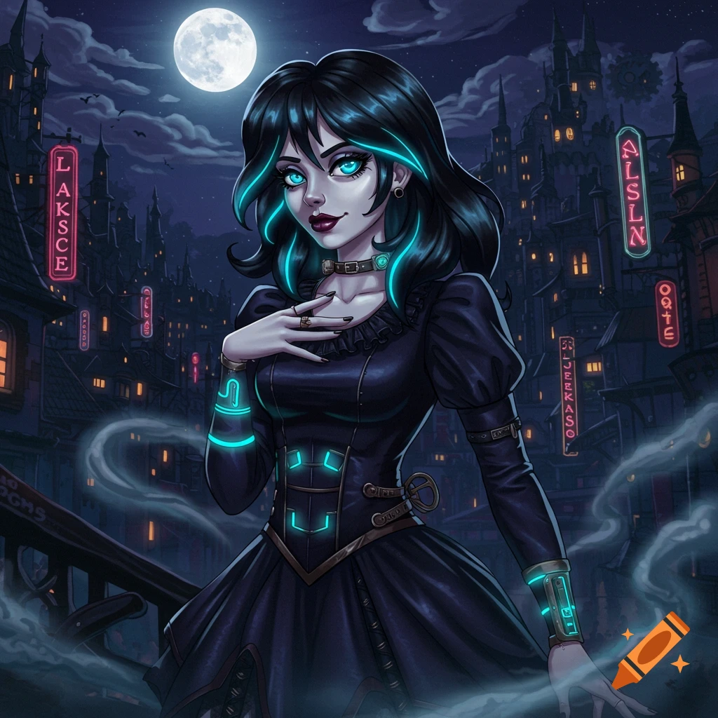An anime-style character resembling Lisa Frankenstein, with glowing blue eyes and accents, stands in a dark gothic city at night under a full moon.