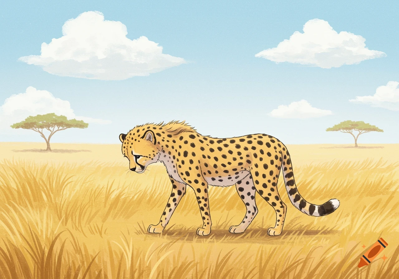 A sad young cheetah with its head down walks slowly through tall golden grass in an African savanna under a bright blue sky with clouds, in a children's book illustration style.