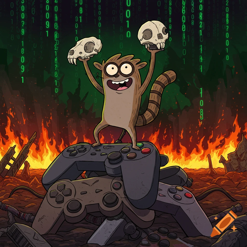 Rigby from Regular Show stands on a pile of game controllers, holding two skulls, in front of a fiery, binary code background.