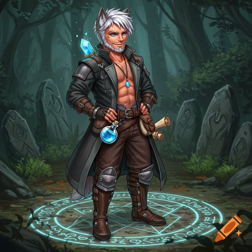 A stylized male humanoid with wolf-like ears and white hair, in an open trench coat, stands in a mystical forest on a glowing blue magic circle.