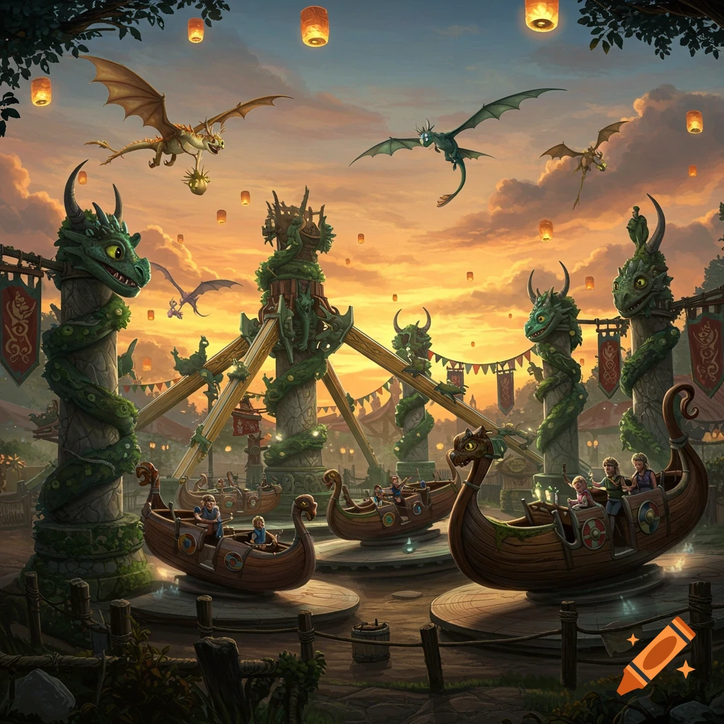 A vibrant fantasy amusement park scene at sunset with children riding dragon-headed boats around large dragon-sculpted pillars, as dragons fly overhead.