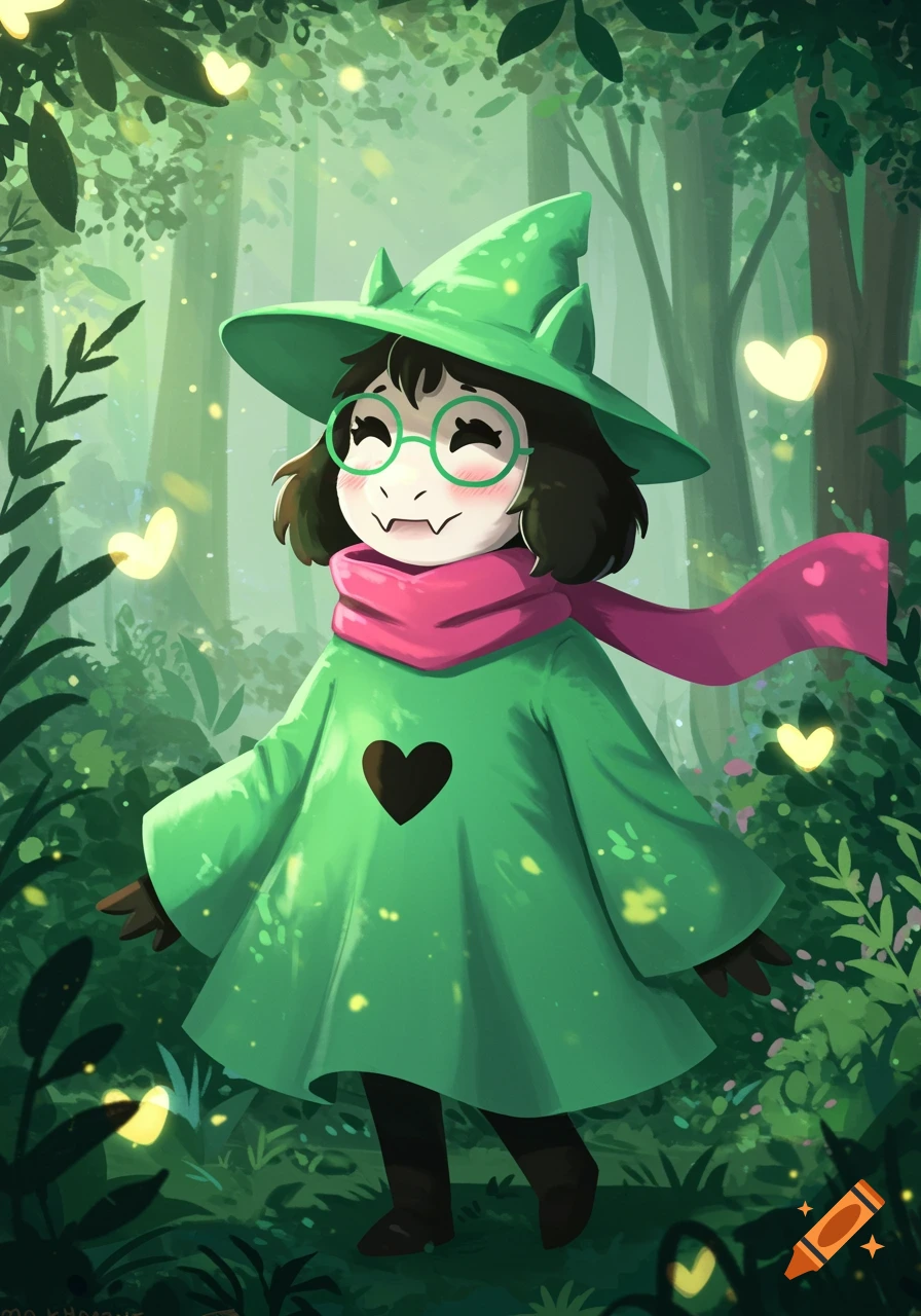 A cute, smiling, anthropomorphic goat character (Ralsei from Deltarune) with green glasses, a green wizard hat, and a pink scarf, stands in a magical forest. Cartoon style.