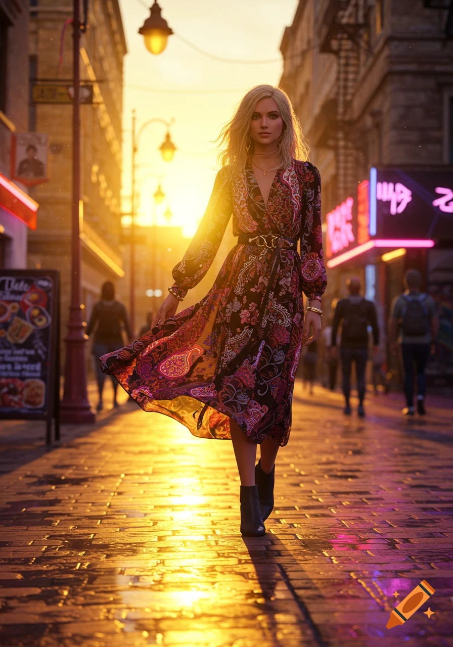 A woman in a floral midi dress walks down a sunlit city street during golden hour, reflections on the wet pavement.