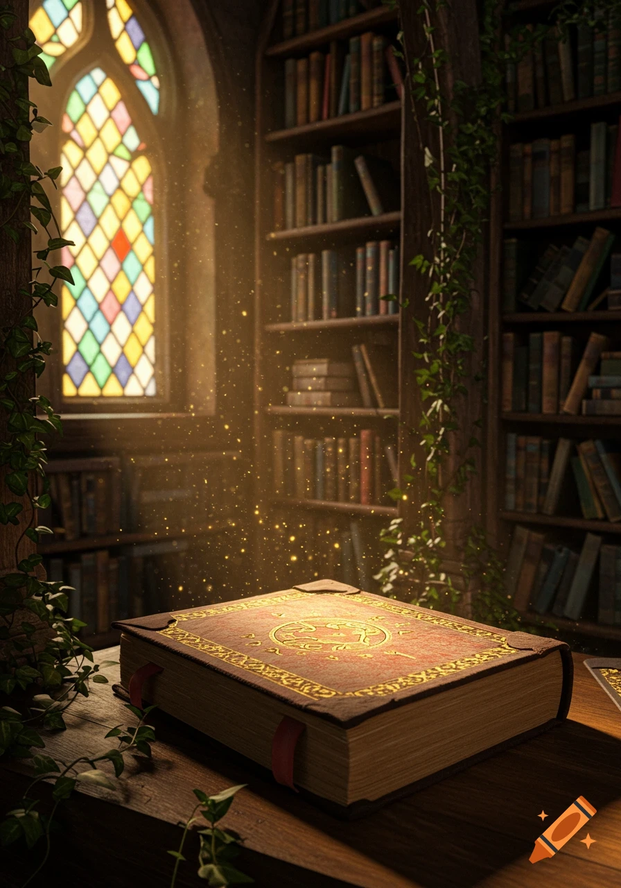 An ornate, glowing book on a wooden table in a dusty fantasy library with stained glass windows.