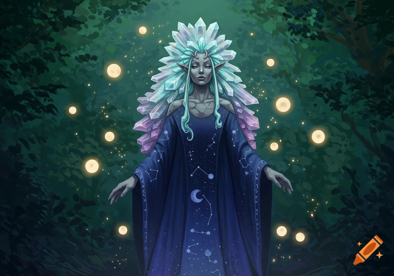 A stoic, pale-skinned female mage with glowing crystal hair and a dark blue celestial robe stands in a mystical forest with glowing orbs.