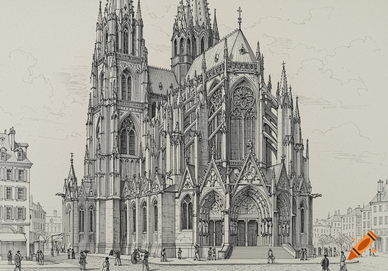 A detailed hand-drawn architectural sketch of a large Gothic cathedral with spires and intricate carvings, surrounded by city buildings and people.