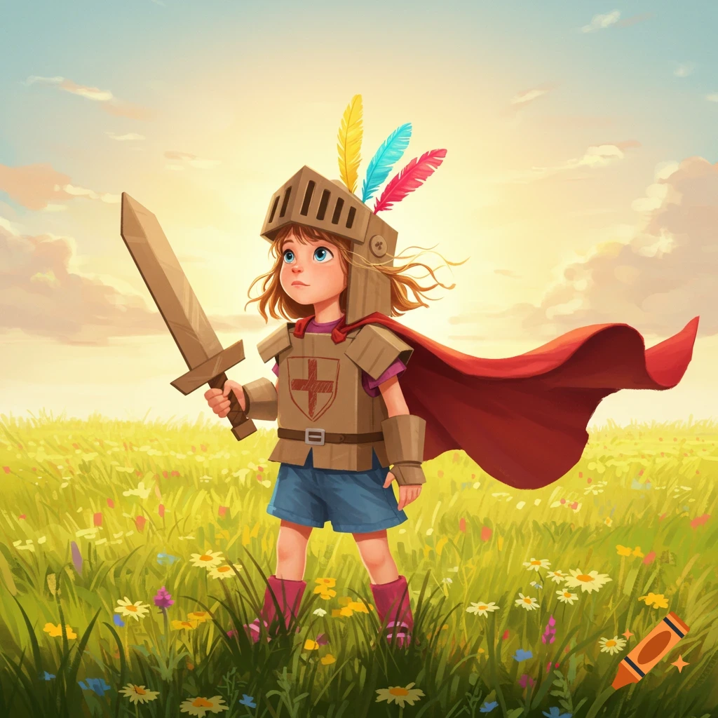 A young girl in a homemade cardboard knight costume holds a sword in a sunny field of flowers.