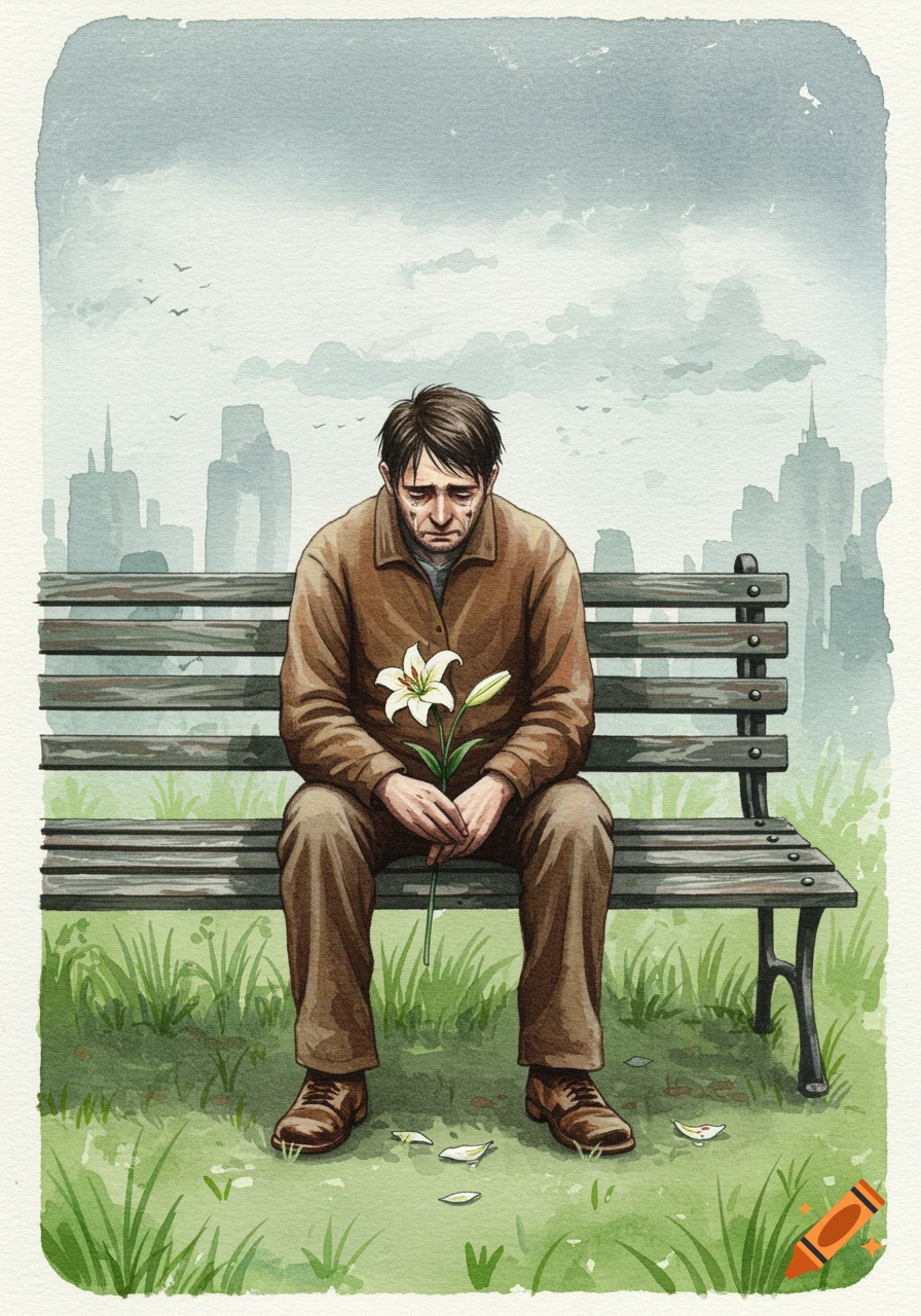 A sad man sits on a park bench holding a white lily, with a city skyline in the background. Watercolor style.