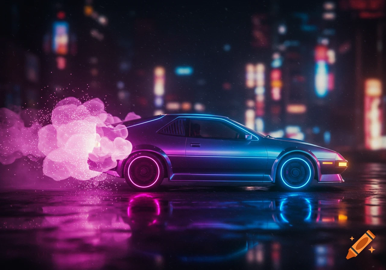A futuristic car with neon purple and blue lights emits pink smoke as it drives on a wet city street at night.