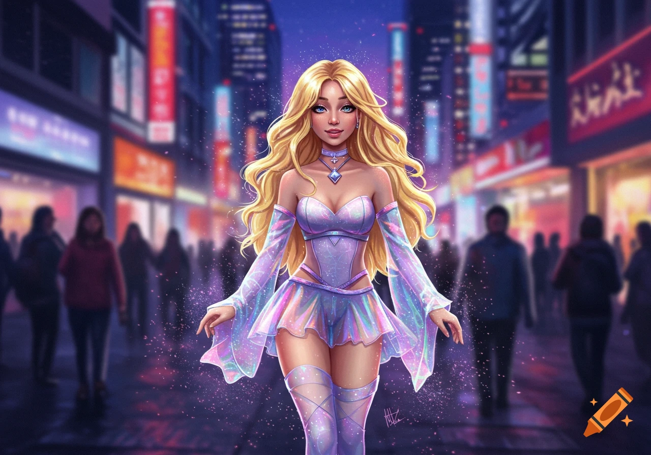 A blonde magical girl in a shimmering purple and pink outfit stands on a busy, neon-lit city street at night, with sparkling effects around her.